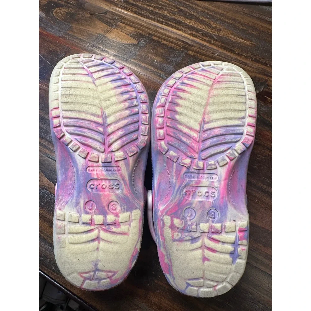 Crocs Classic Clog Kids J3 Pink Purple Blue Marble Swirl Clogs w/Jibbitz Junior